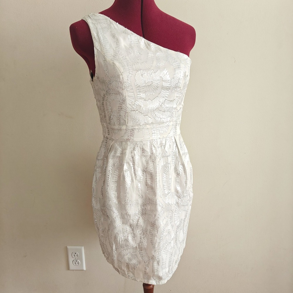 Aqua Womens Silk Blend Metallic Silver White One Shoulder Mini Dress Size S